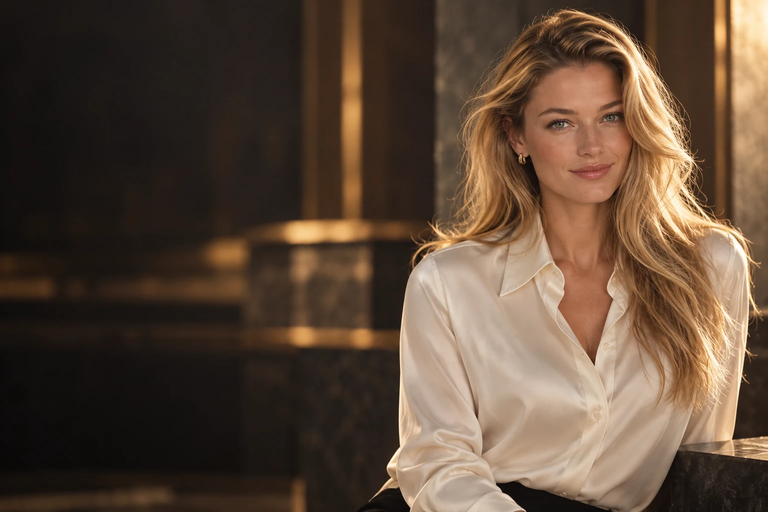 AI-created blonde fashion portrait in an ivory blouse and warm light