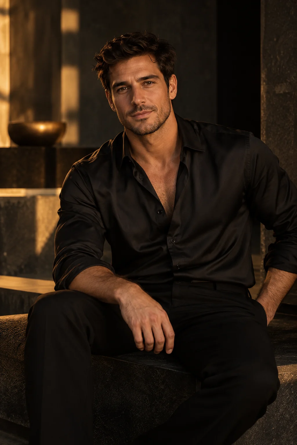 AI-created male creator portrait in a black shirt and warm light
