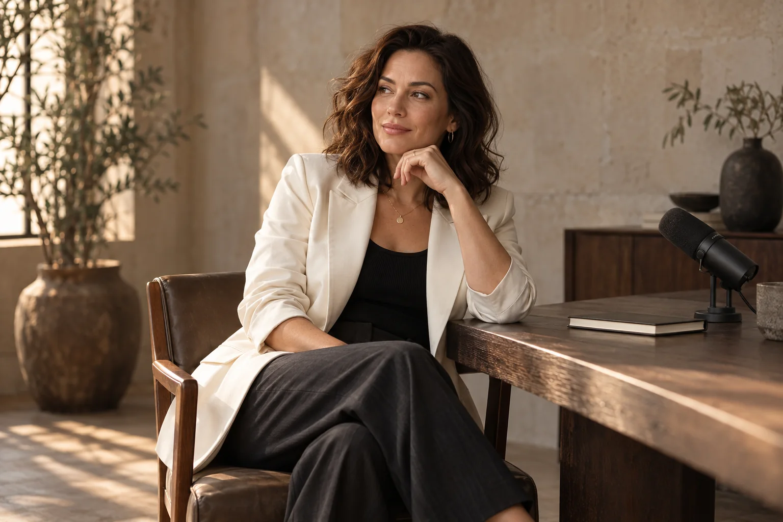AI-created portrait of a fictional entrepreneur in an ivory blazer beside an interview microphone